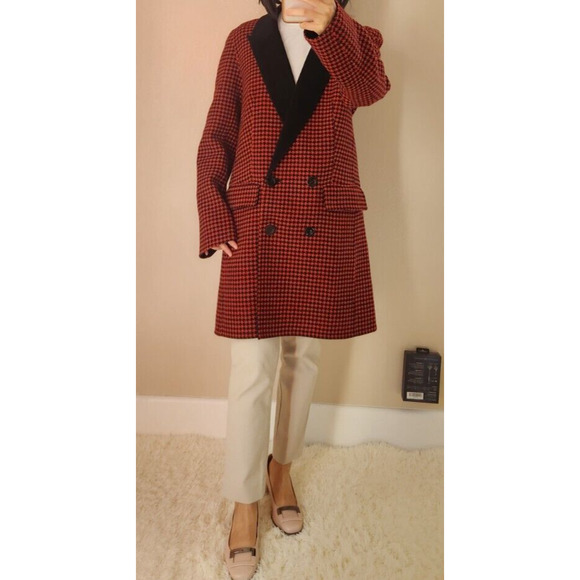 Veronica Beard Senna Houndstooth Wool & Cashmere Coat Size US4 Red Black #1J474 - Picture 2 of 12